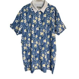 Tipsy Elves Mens XXL Golf Polo Toucan Tropical Blue Botanics Shirt Short sleeve